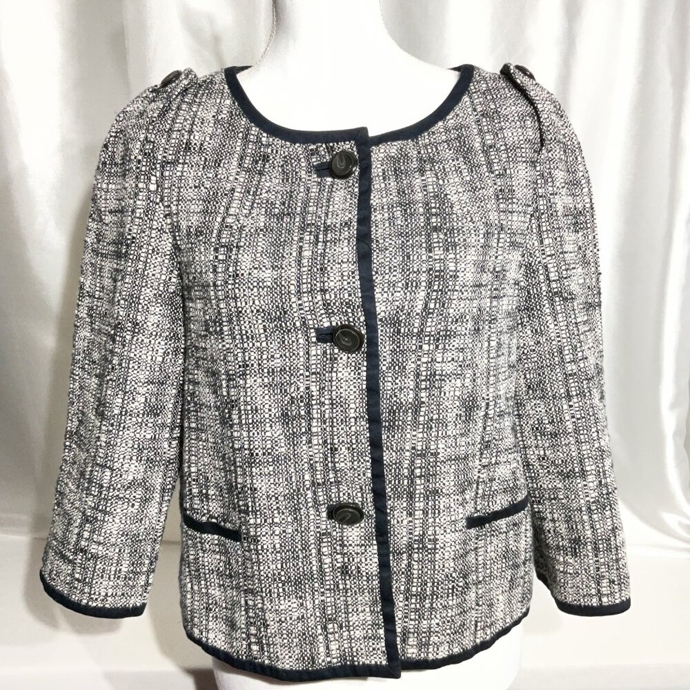 Talbots Est 1947 Womens Tweed Jacket With Navy Trim & Buttons Size 12